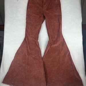 Free People Womens 25 X 32 Pants Flare Cotton Blend Corduroy Orange Rust Casual